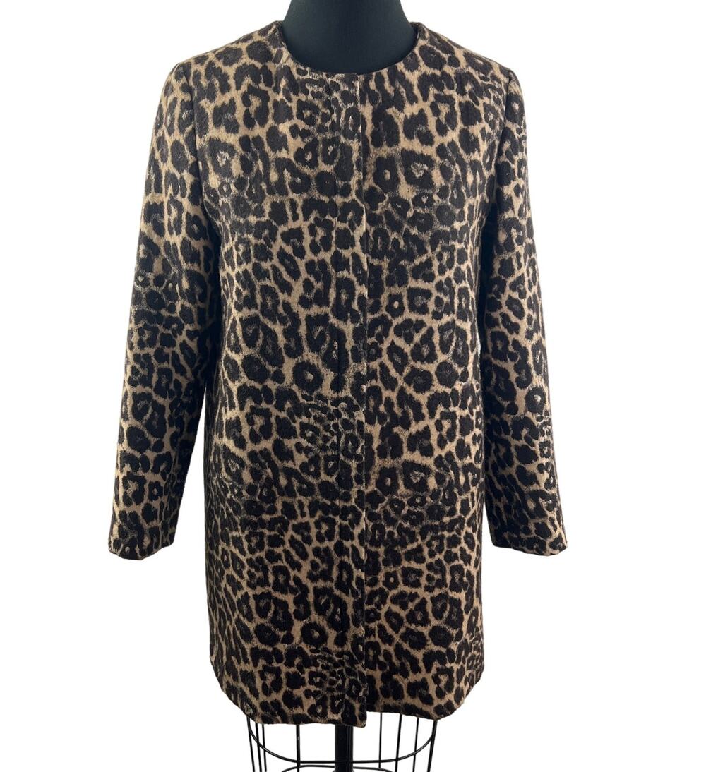 Zara Black Tan Overcoat Leopard Round Neck Snap Button Long Sleeve Size Small S